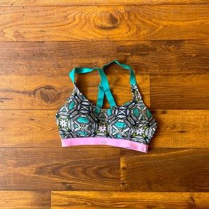 Victoria's Secret Multicolor Patterned Sports Bra with Teal Straps and Pink Band
